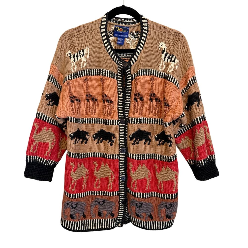 Vintage 20 Ans by Mariea Kim Sweater Cardigan M Brown Hand Knit African Bohemian - Picture 2 of 9